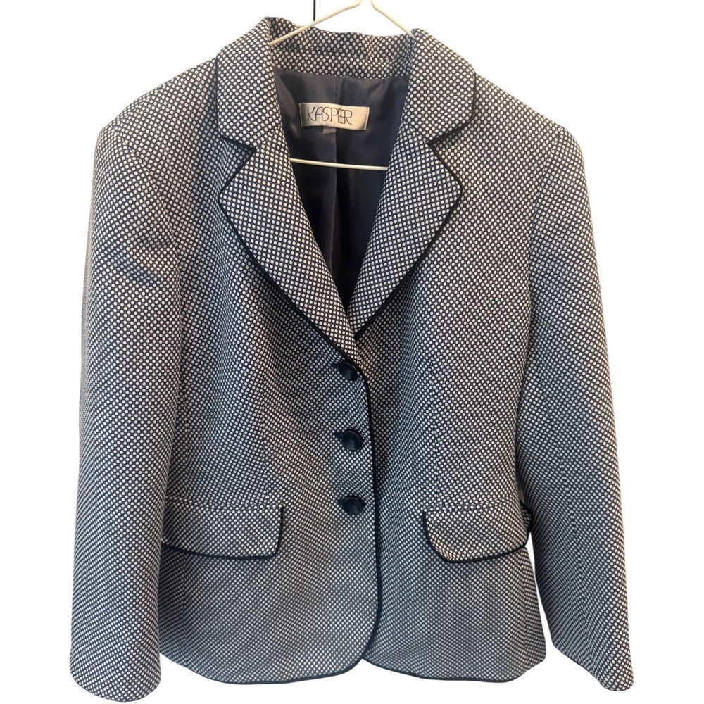 Kasper Womens Navy White Geometric Textured 3-Button Blazer Jacket Size 4